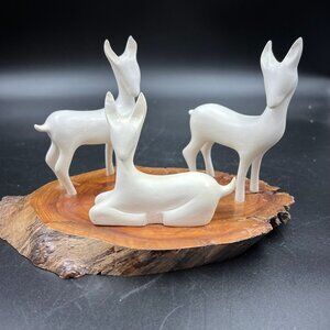Dave Ritchie Handcrafted White Wood Carved Deer Family Raw Edge Wood Base